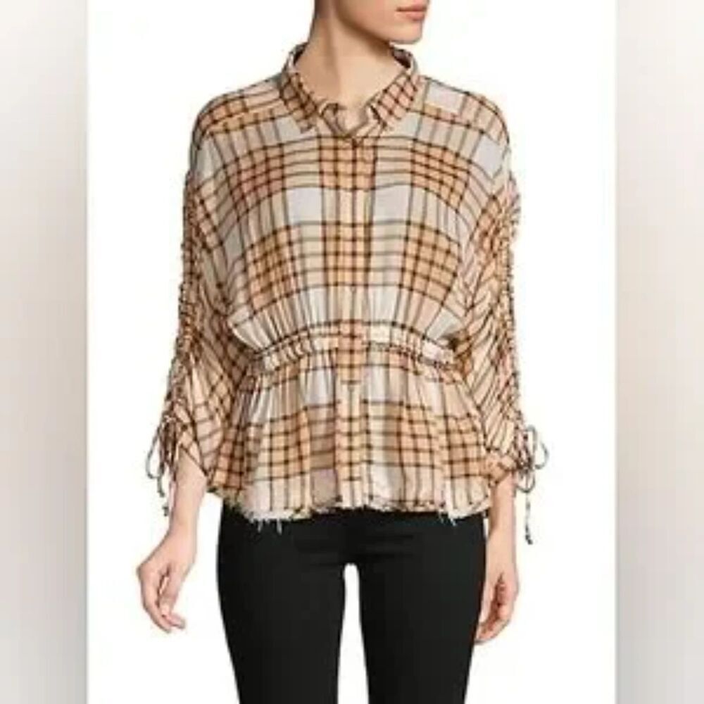FREE PEOPLE Pacific Dawn Top Womens Size L Brown Peach Tree Plaid Oversize Shirt